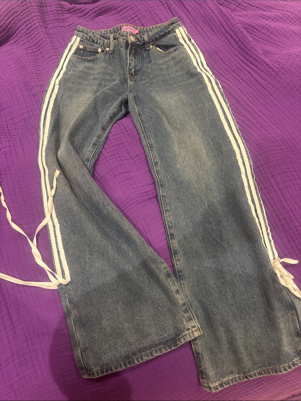 Edikted Dark Wash Flared Jeans with Cream Side Stripes